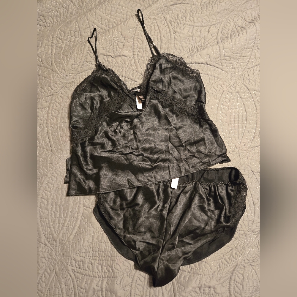 Victoria's Secret Black Satin Lace Chemise Set